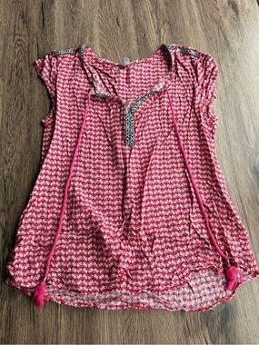 DR2 Pink Patterned Short-Sleeve Tunic with Tassel Ties